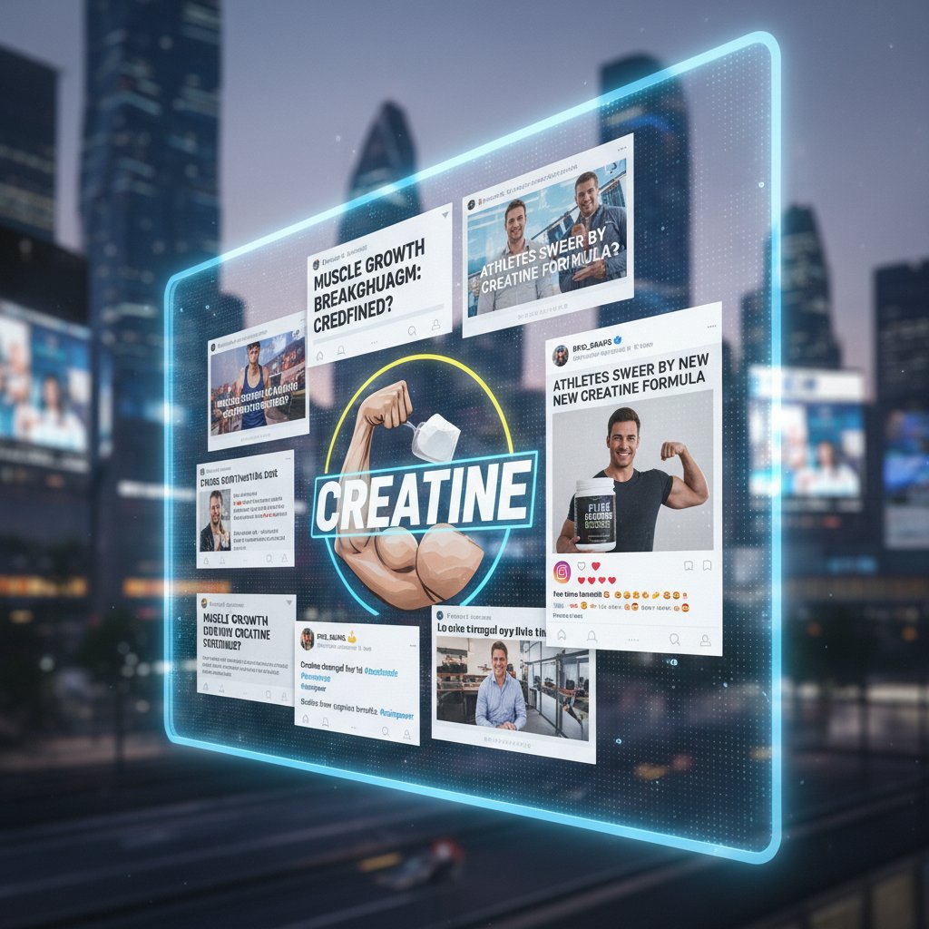 Kreatyna w mediach społecznościowych i prasie – kolaż nagłówków i postów na Instagramie