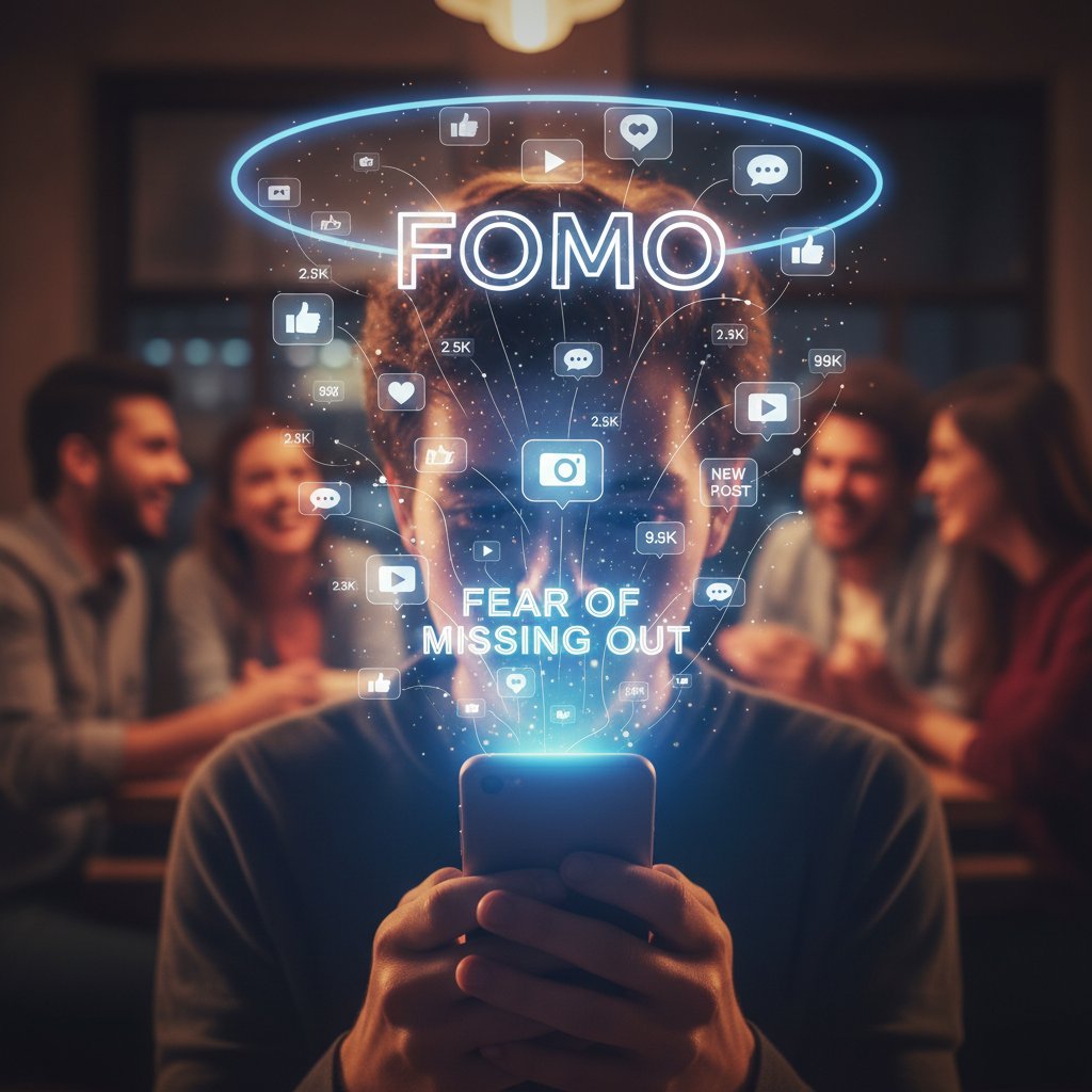 Młoda kobieta przewijająca feed na telefonie, otoczona powiadomieniami social media, keywords: social-media--fomo--notifications