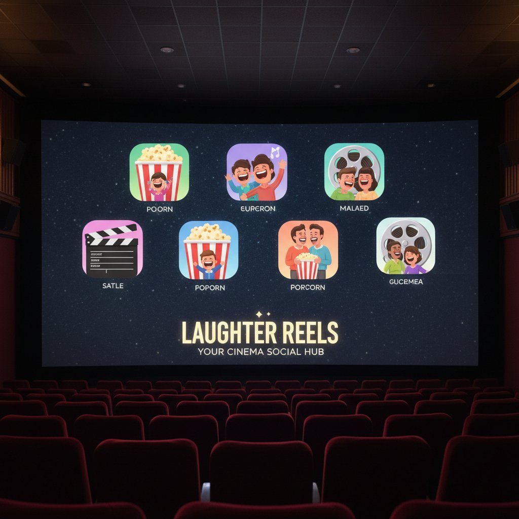 Social media icons and movie theater blend, symbolizing viral sleeper hit comedies