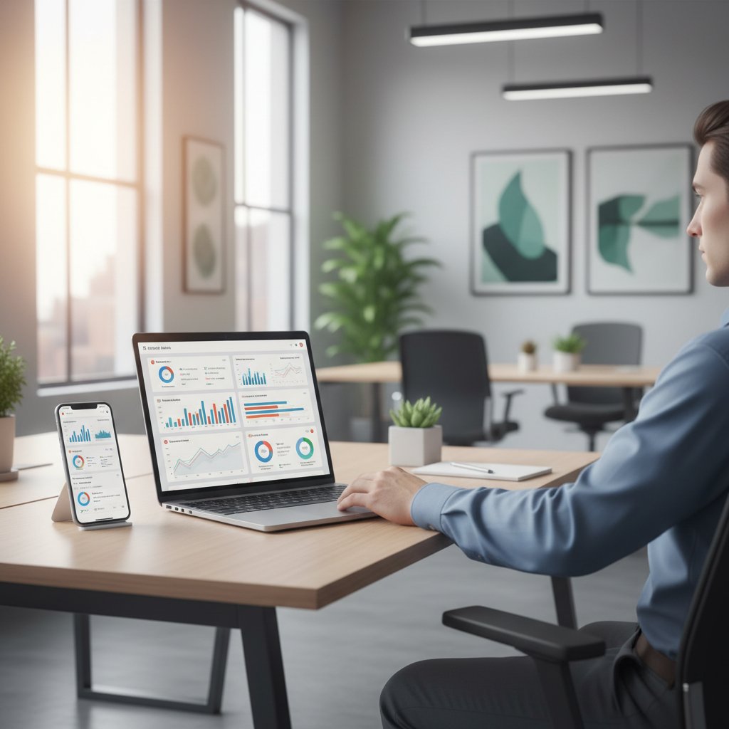 Nowoczesny system do zarządzania profilami społecznościowymi pokazany na ekranach laptopów i smartfonów w biurze