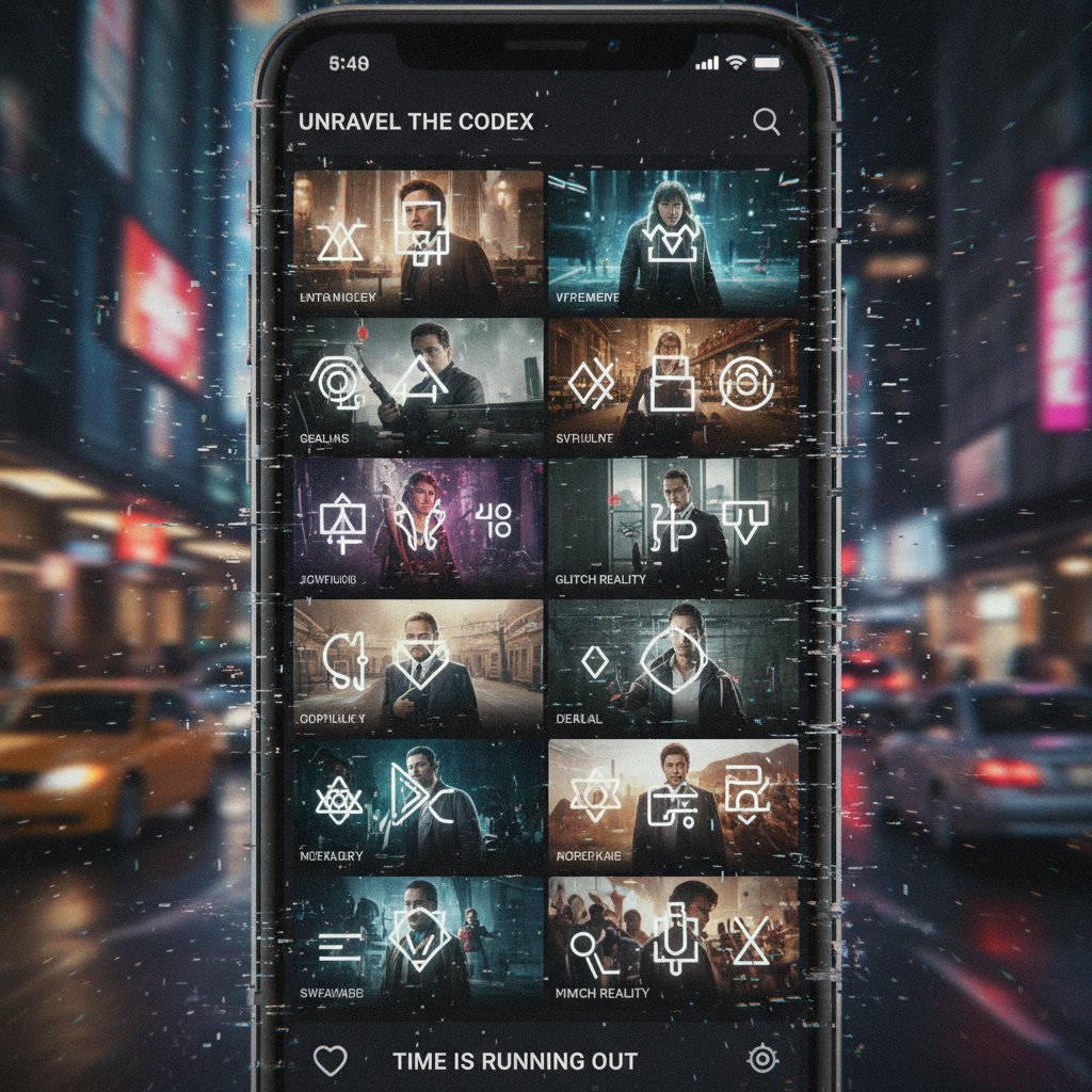 Social media feed with movie stills and overlaid cryptic symbols, fast-paced and chaotic