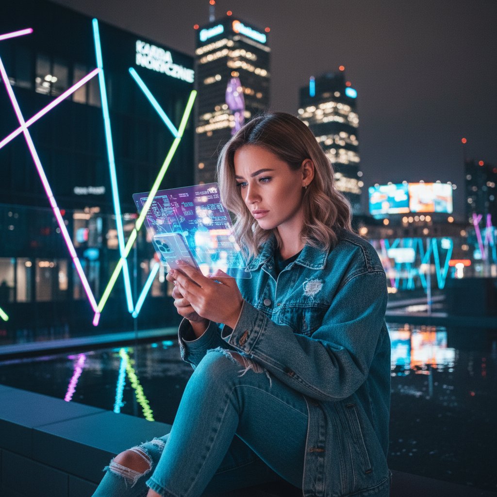 Influencerka analizująca liczby na smartfonie, polska miejska sceneria, neonowe światła