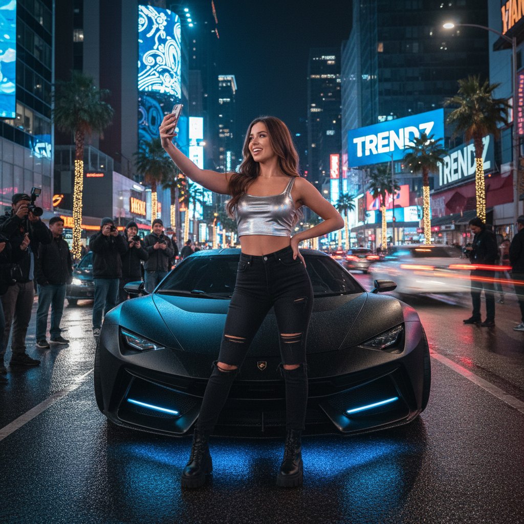 Social media influencer with new car, followed by audience