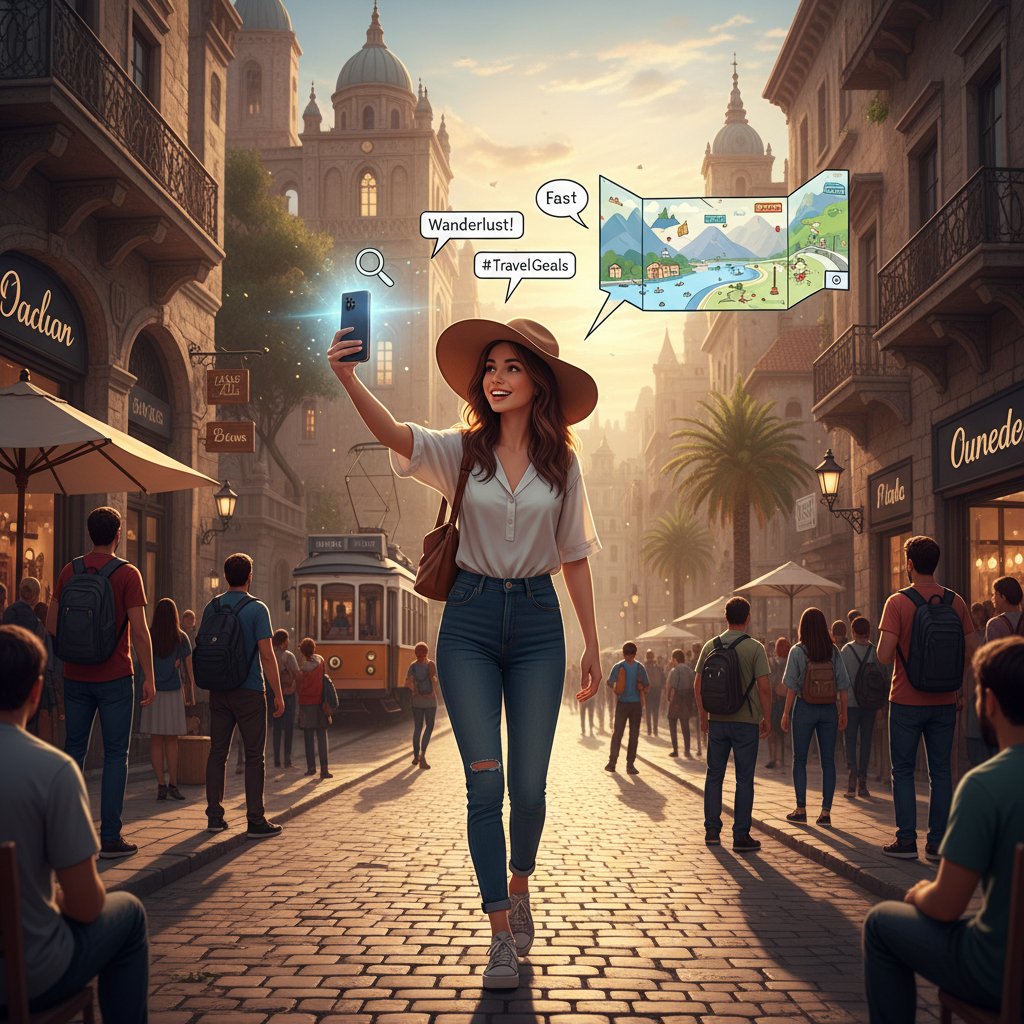 Social media influencer filming in an unknown city street