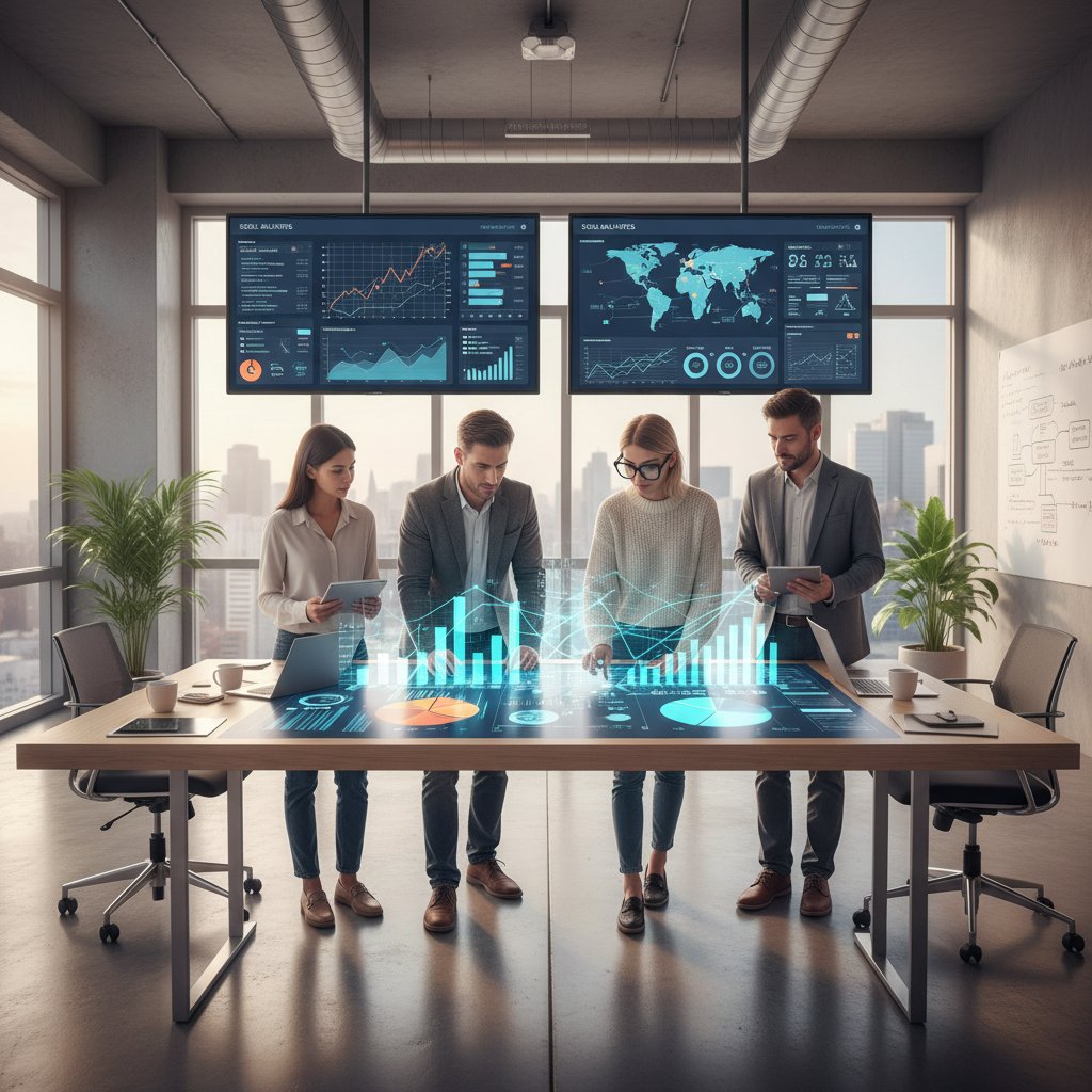 Zespół zarządzający profilami społecznościowymi analizujący wyniki na ekranach w nowoczesnym biurze