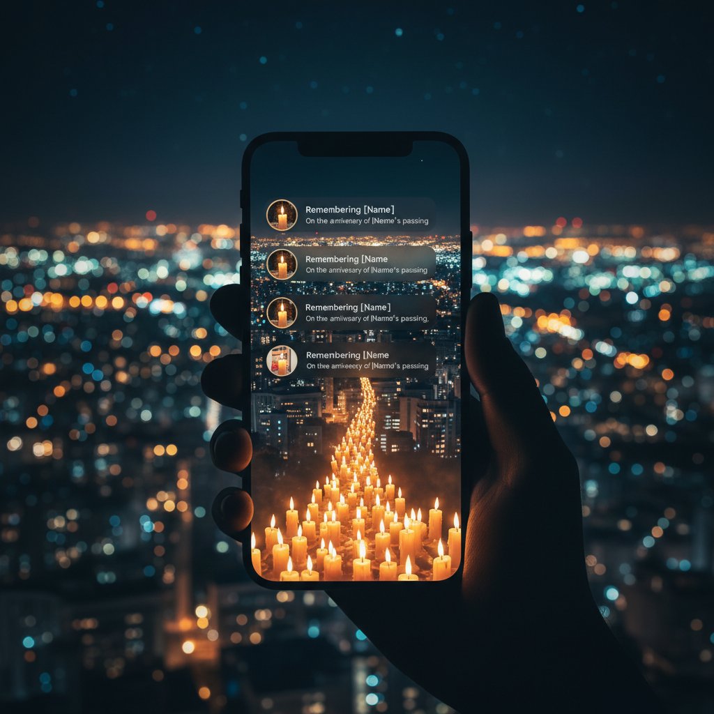 Social media memorial notifications blending into city lights, capturing the digital transformation of grief