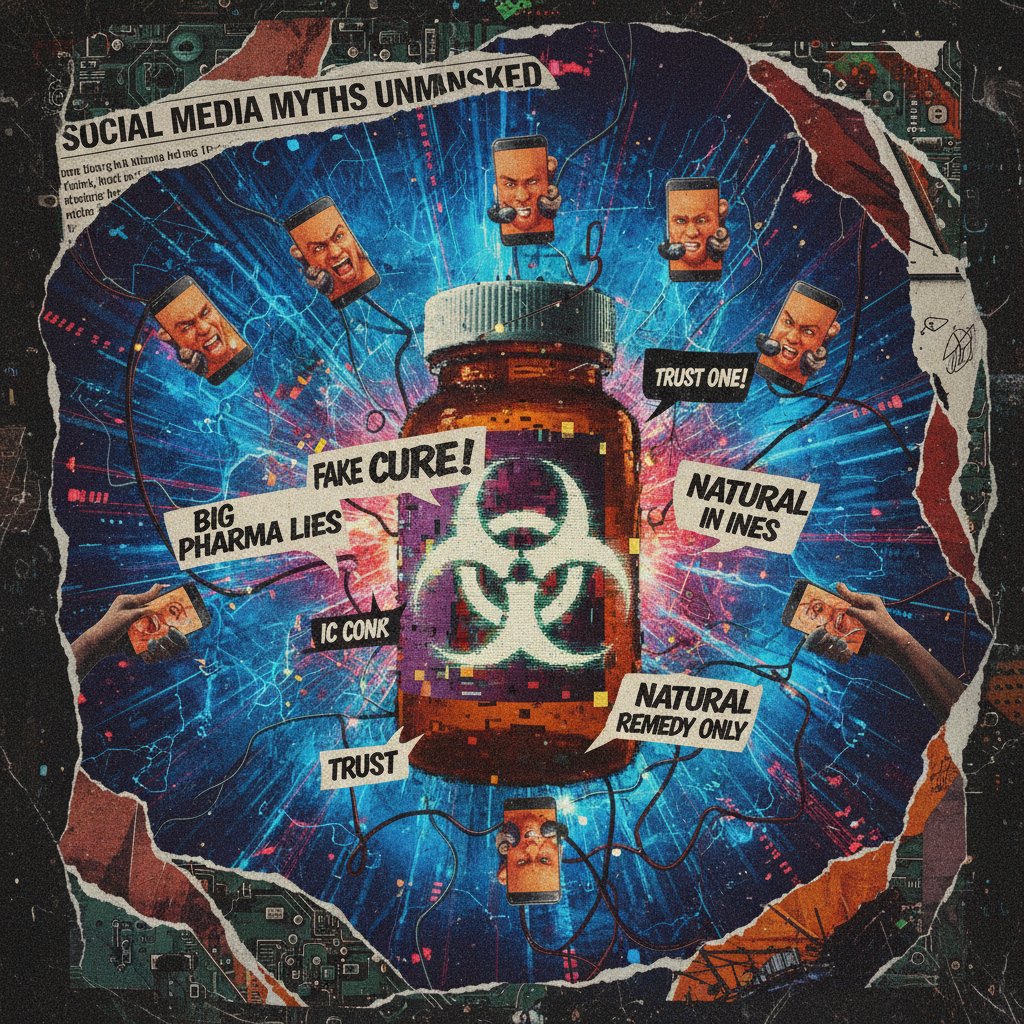 Kolorowa kolażowa wizualizacja fałszywych informacji o lekach przeciwwirusowych