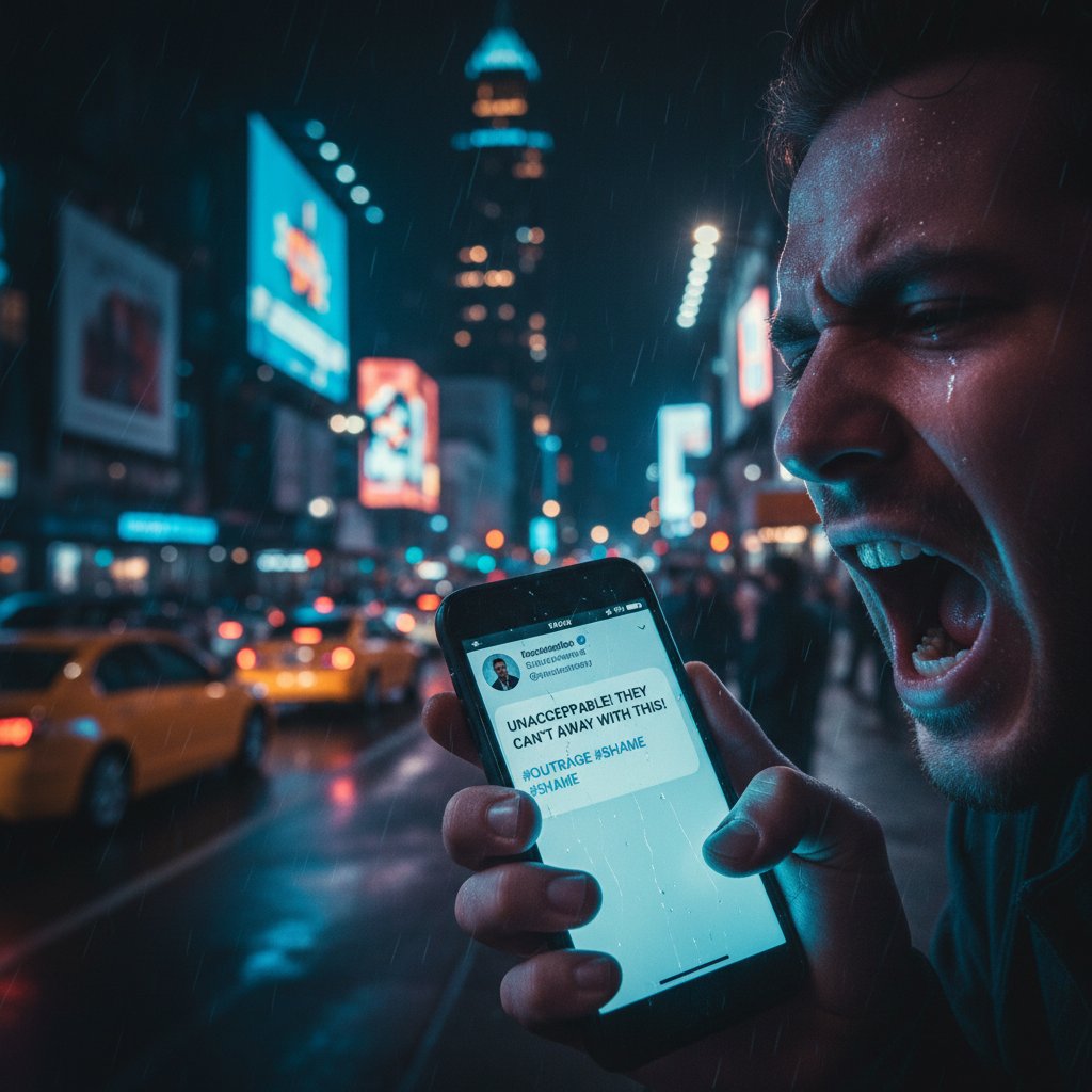 Wirtualny lincz w mediach społecznościowych, tłum kieruje się przeciwko pojedynczej osobie, nocna sceneria