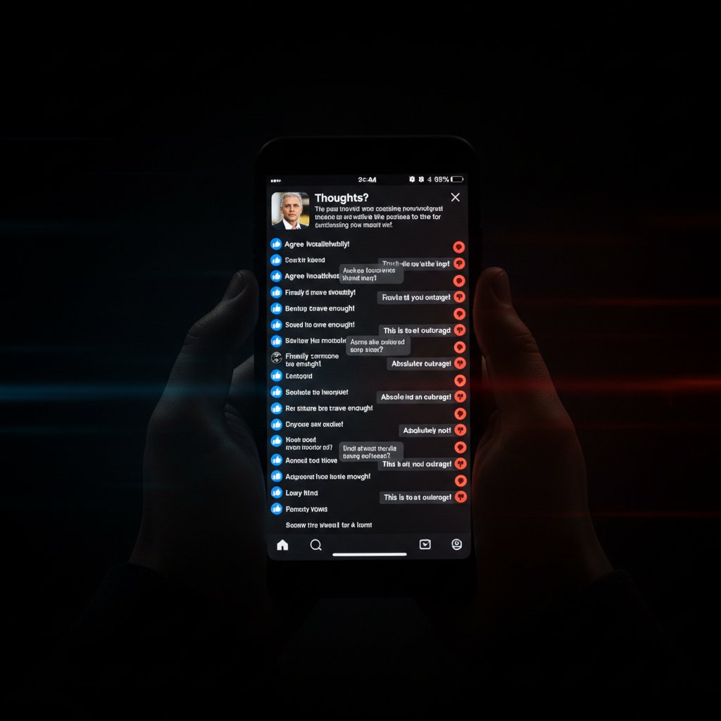 Post w social mediach na ekranie telefonu, z polaryzującymi komentarzami na ciemnym, dramatycznym tle