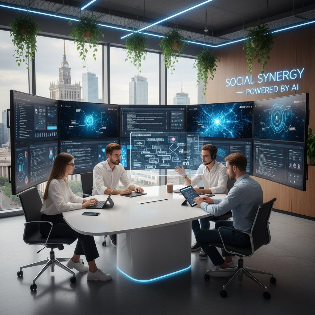 Zespół social media w Polsce pracujący z AI, różnorodność ról, nowoczesne stanowiska pracy