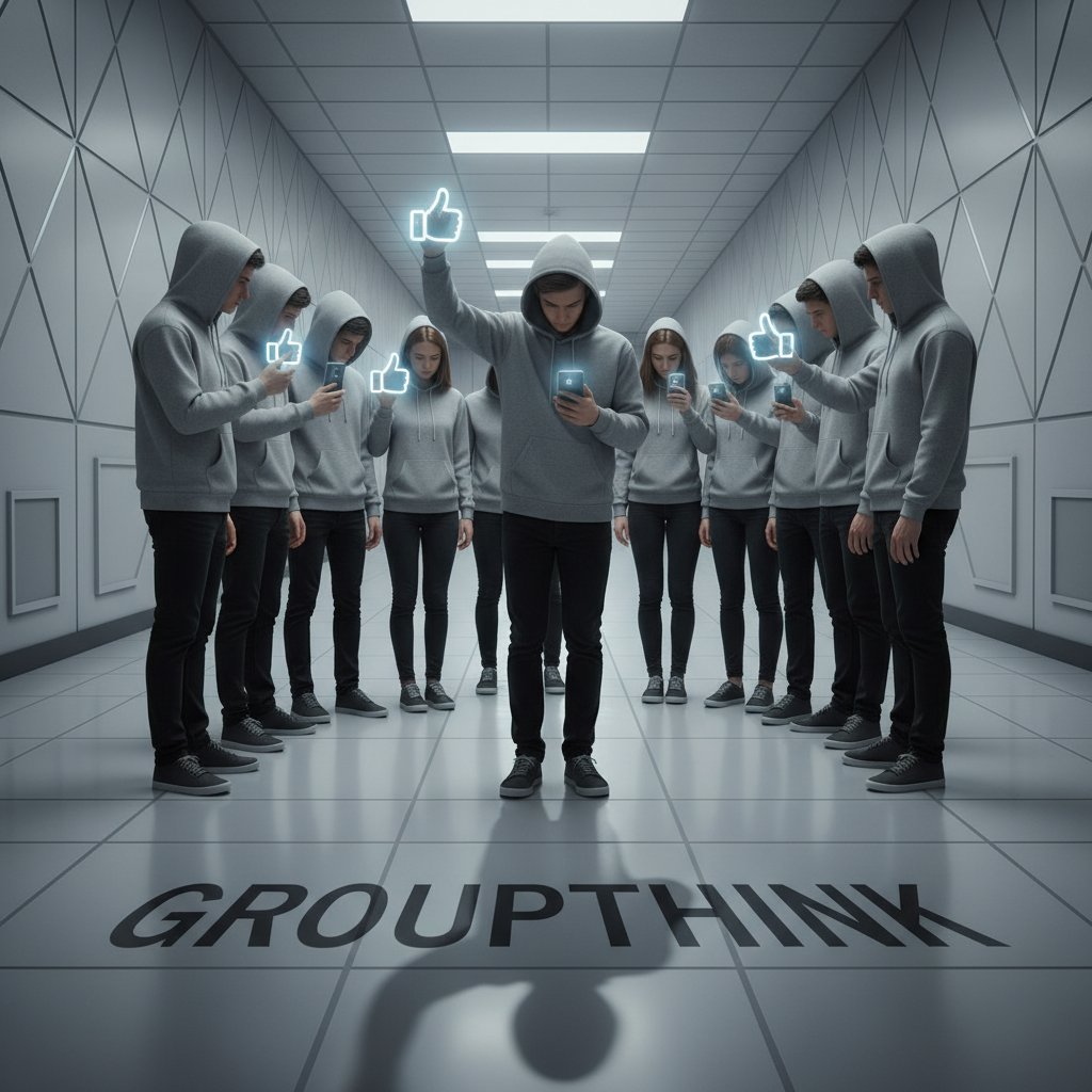 Grupa osób stojących razem, jedna osoba wyraźnie wykluczona, symbol konformizmu i presji społecznej