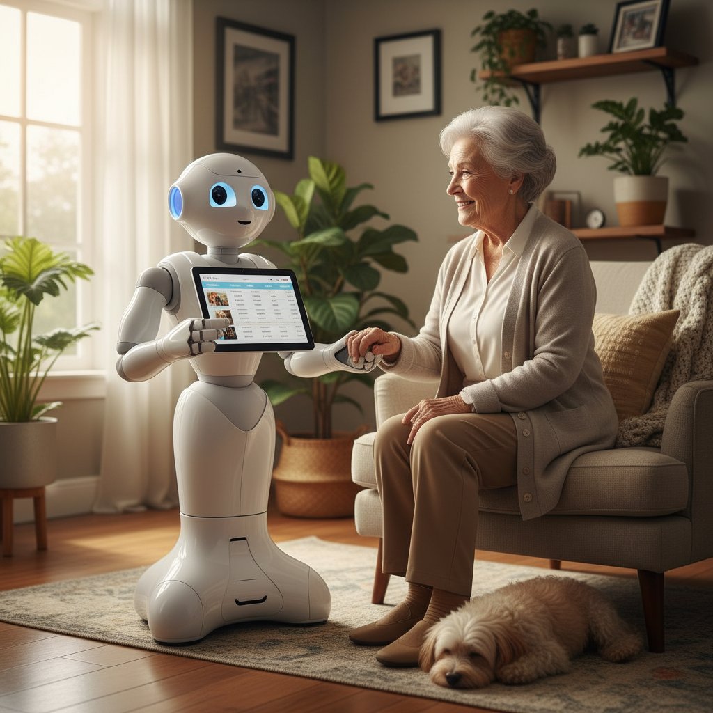 Robot opiekujący się starszą osobą w domu opieki – scena z życia społecznego