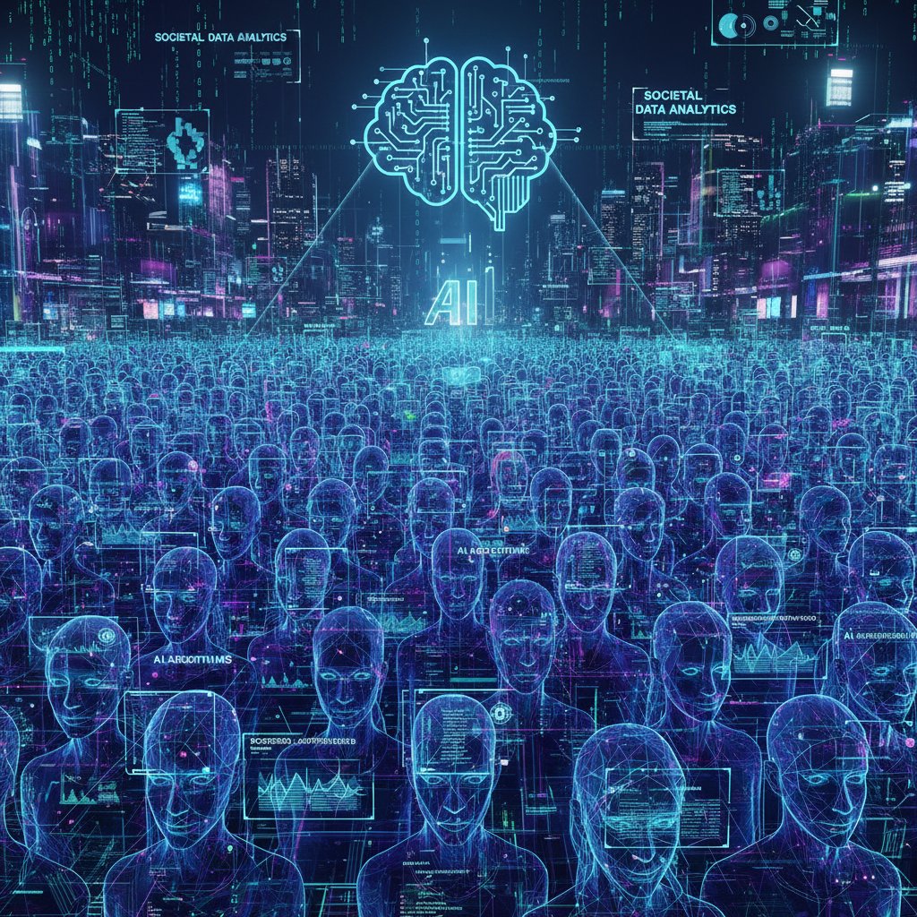 Społeczeństwo pod wpływem AI – tłum ludzi, twarze analizowane przez cyfrowe algorytmy