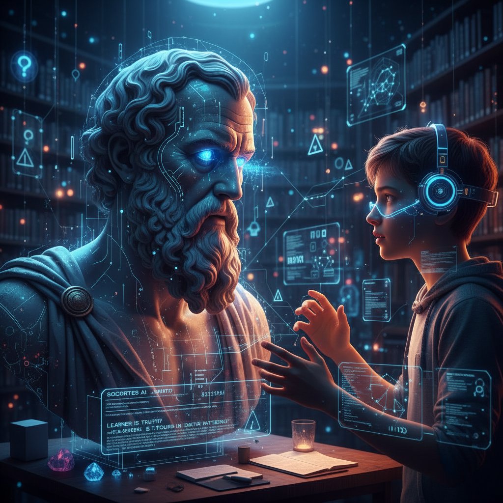 Popiersie Sokratesa i awatar AI w dialogu z uczniem