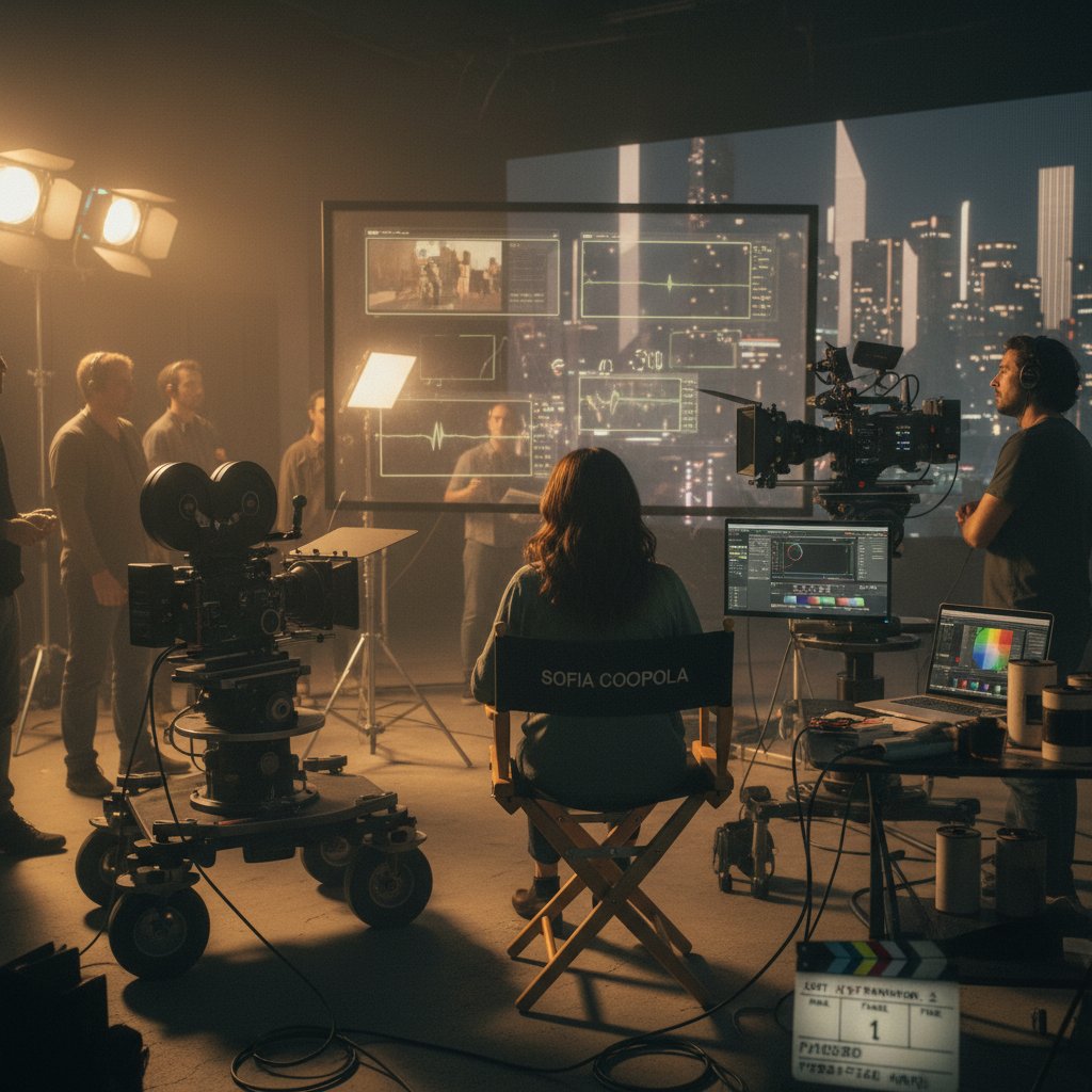 Film set, director chair labeled Sofia Coppola, modern cinema technology, artistic mood