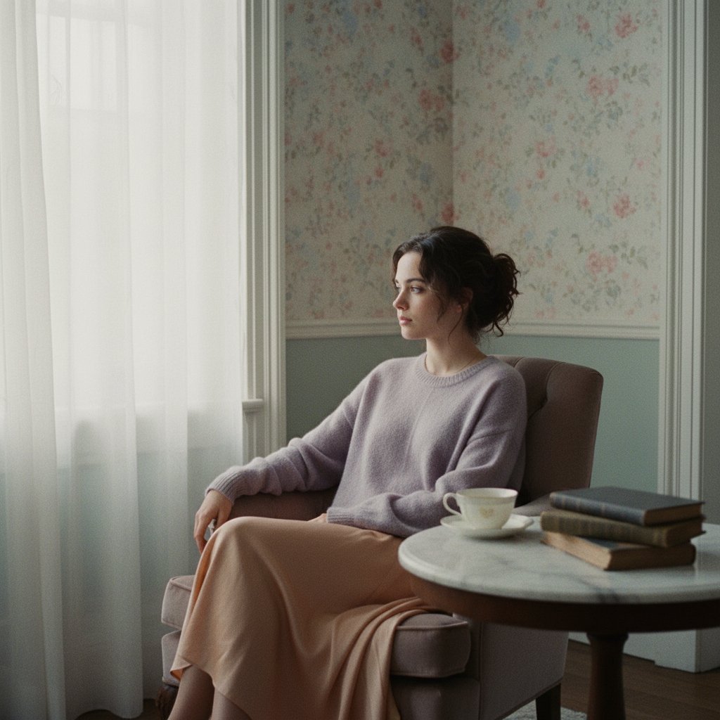 Actor in introspective pose, Sofia Coppola protagonist, modern pastel film scene