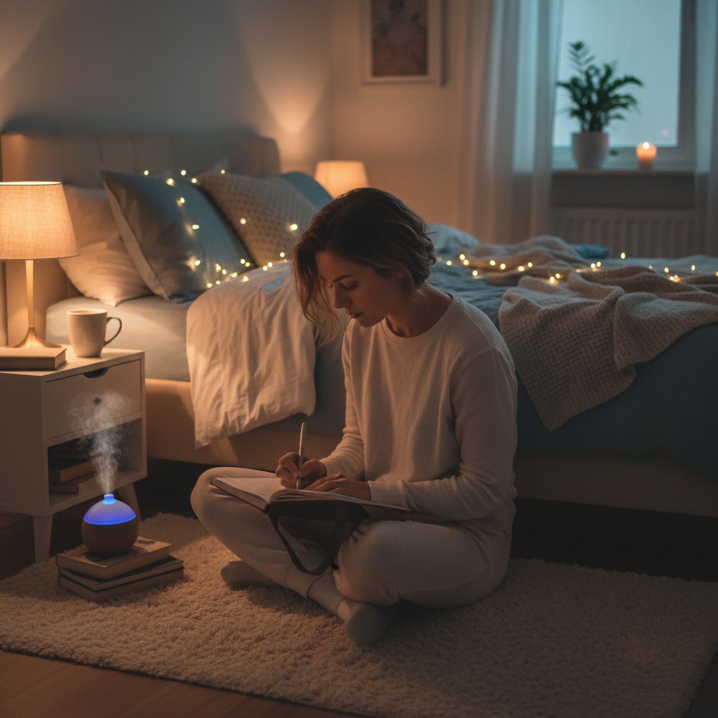 Sypialnia o miękkim świetle, osoba pisząca wieczorny dziennik