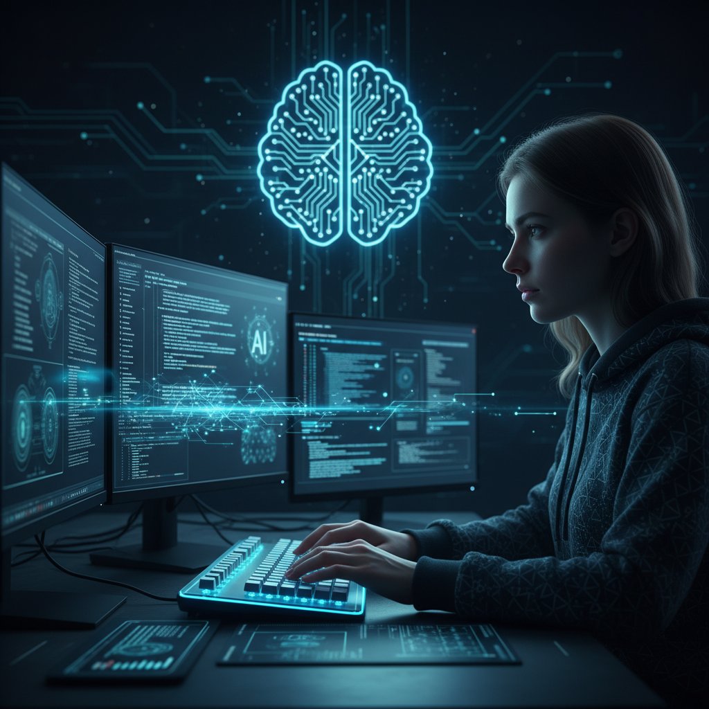 Informatyk pracujący nad kodem AI, ekran z algorytmami, ciemne tło