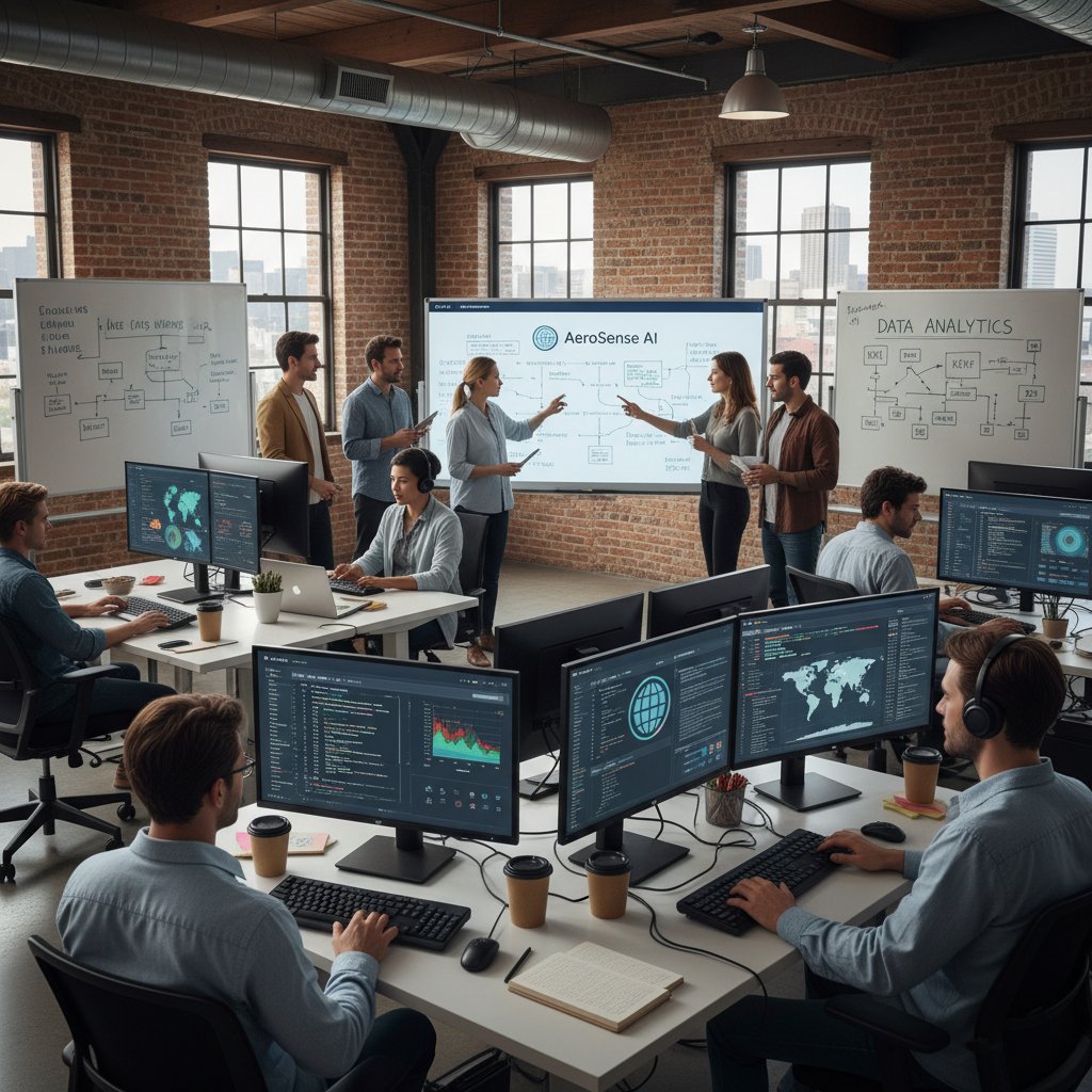 Zespół programistów pracuje nad platformą AI do wyszukiwania lotów, ekrany pełne wykresów