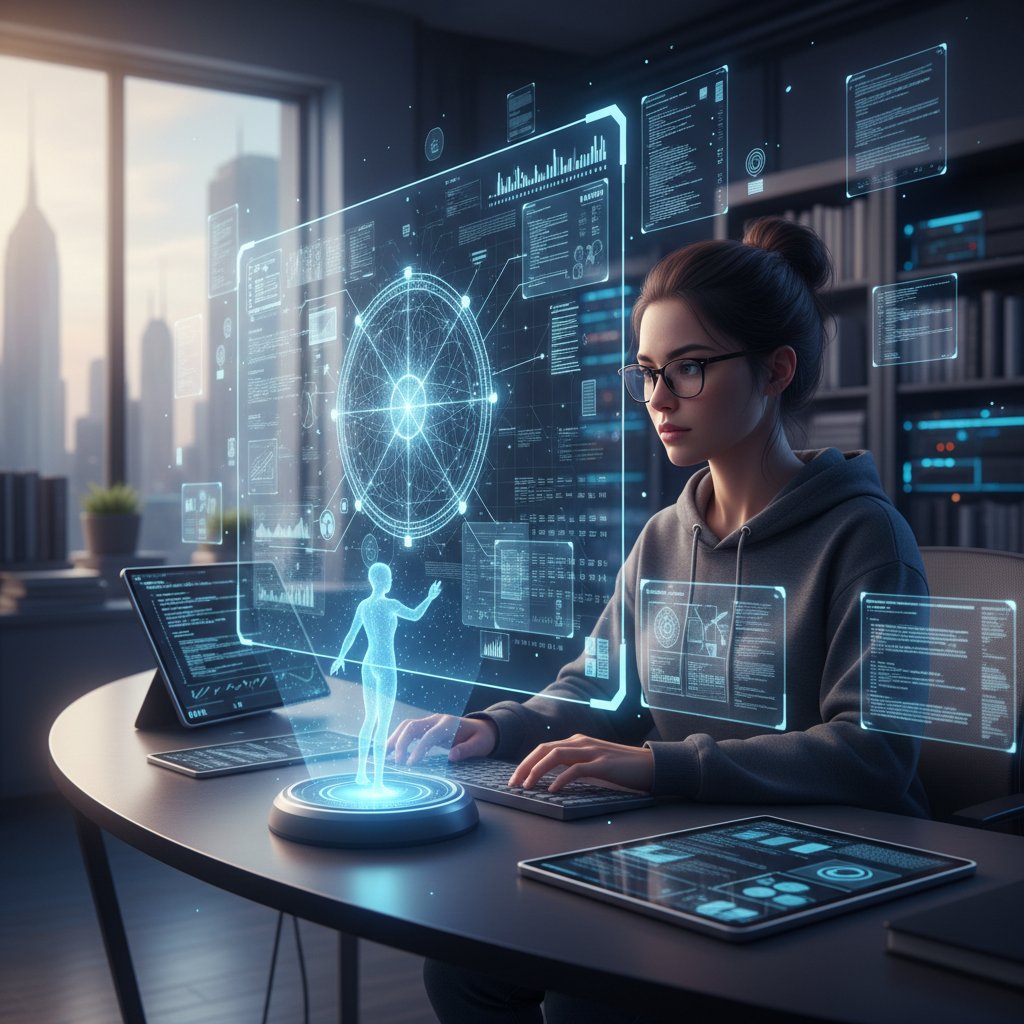 A software engineer monitoring a large digital display showing AI language model analyzing documents