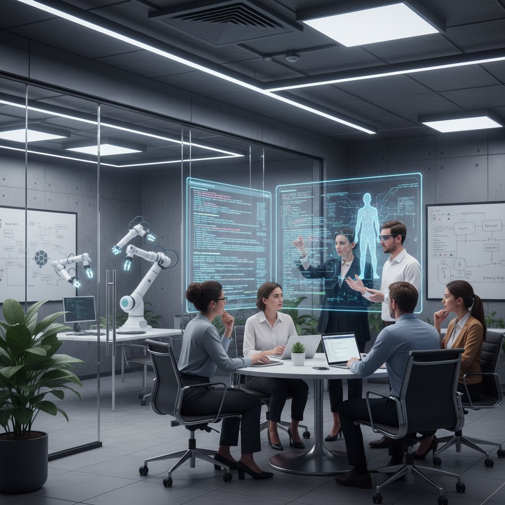 Zespół programistów i etyków analizujący kod AI w nowoczesnym laboratorium