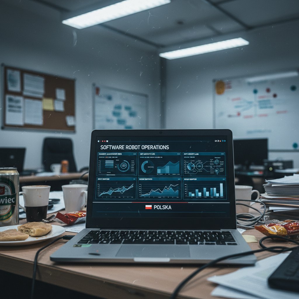 Zbliżenie na panel sterowania robotem programowym na laptopie w polskim biurze – RPA w praktyce