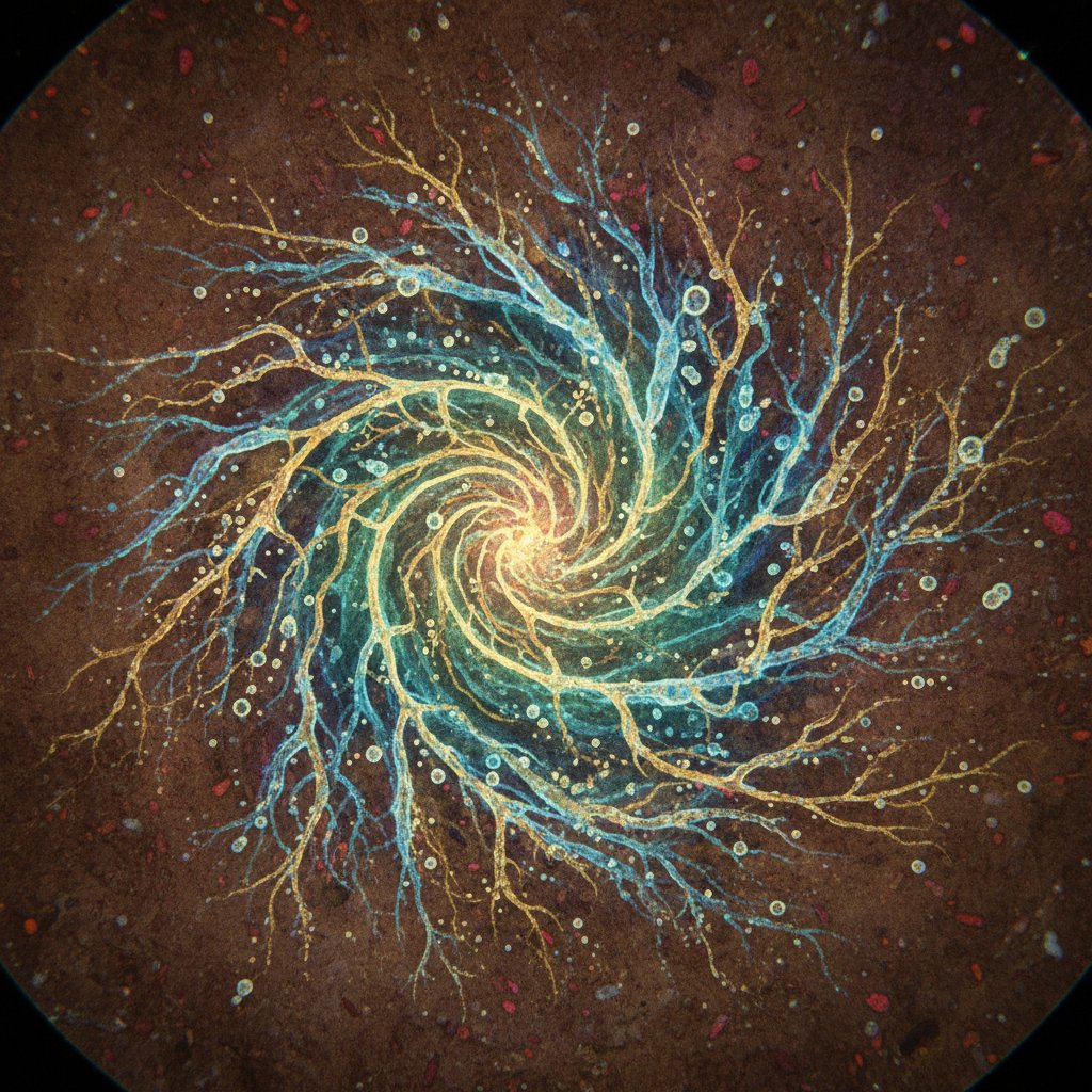 Artystyczna wizualizacja mikroorganizmów glebowych pod mikroskopem, mikrobiom gleby, zdrowie roślin