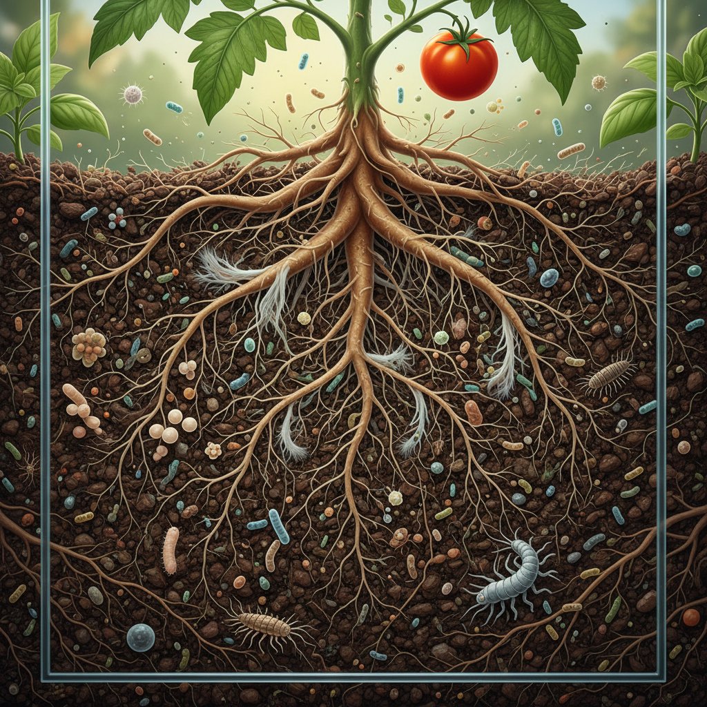 Przekrój gleby z widocznym systemem korzeniowym pomidora i bogatym mikrobiomem