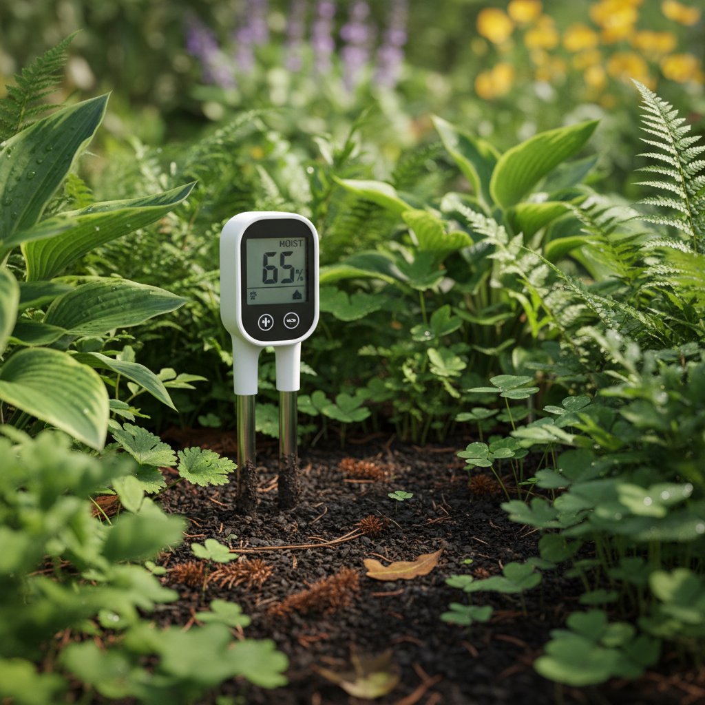 Czujnik wilgotności gleby w zbliżeniu, otoczony zdrowymi roślinami ogrodowymi, nowoczesna technologia