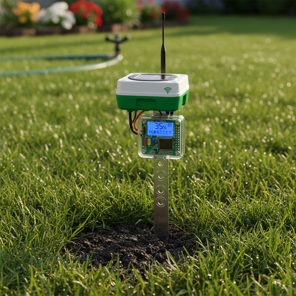 Nowoczesny czujnik gleby zamontowany w trawniku, widoczne przewody i elektronika