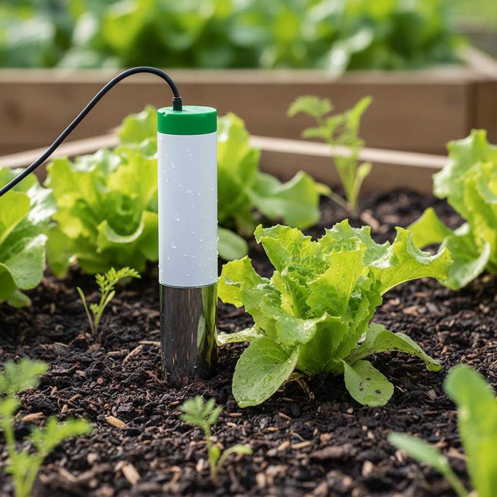 Zbliżenie na czujnik wilgotności gleby w warzywniku, widoczne elektrody i elektronika