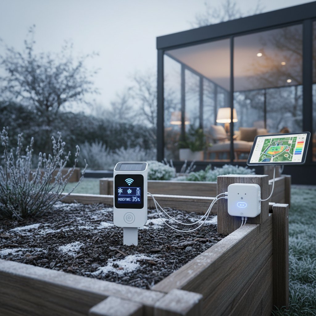 Zbliżenie na czujniki wilgotności gleby i powietrza w nowoczesnym ogrodzie zimowym