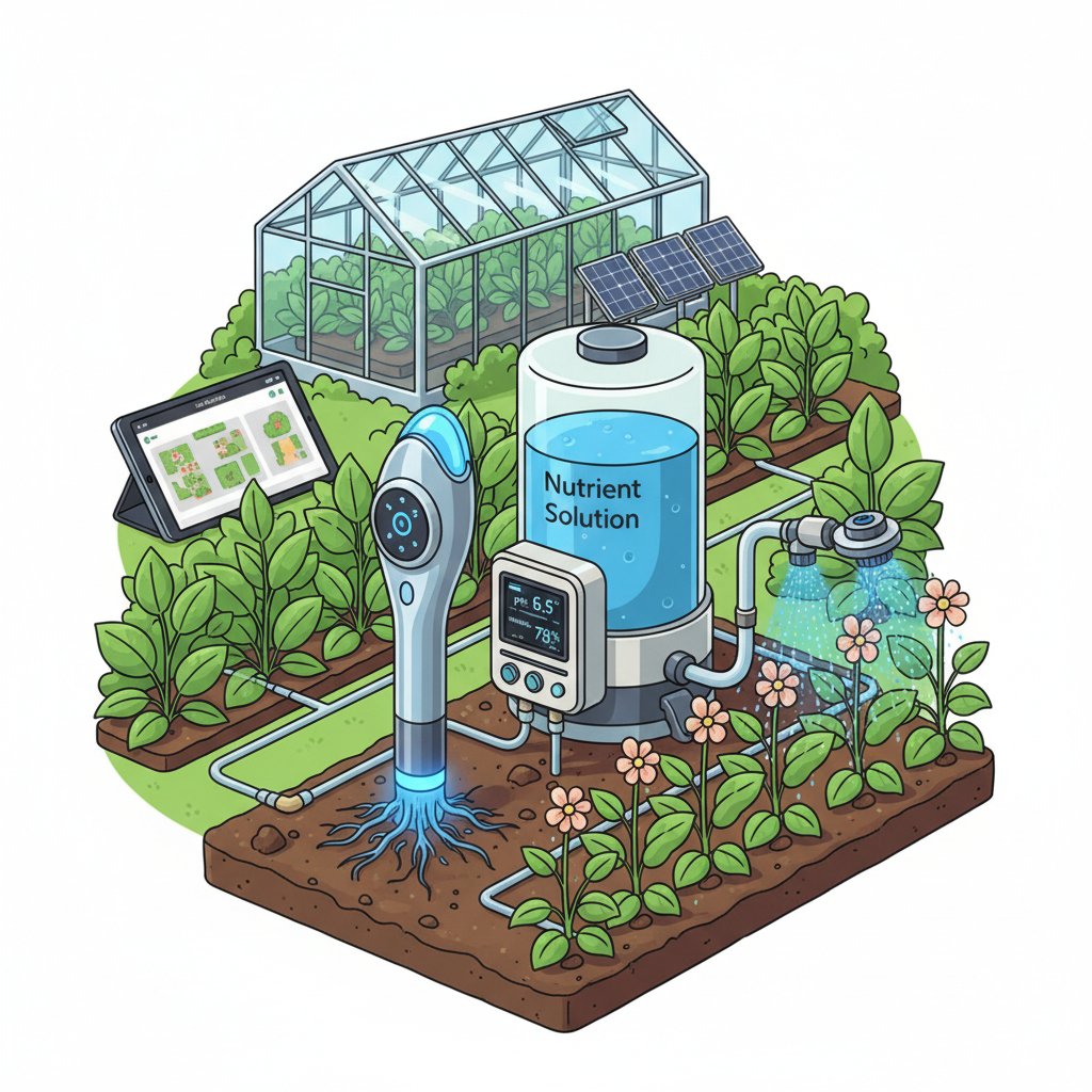 Zbliżenie na czujnik wilgotności i pompę w systemie automatycznego nawożenia ogrodu