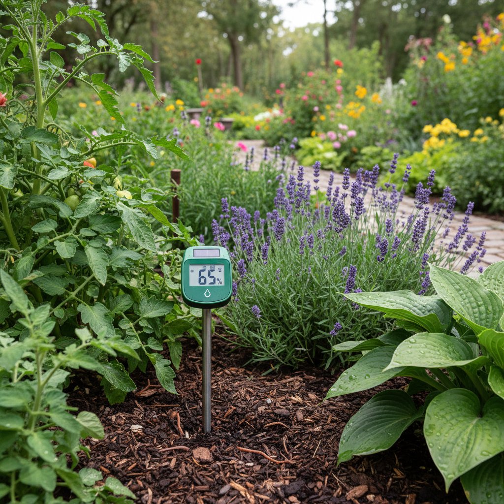 Zbliżenie na sensor glebowy w bujnym, nowoczesnym ogrodzie – innowacje w praktyce ogrodniczej