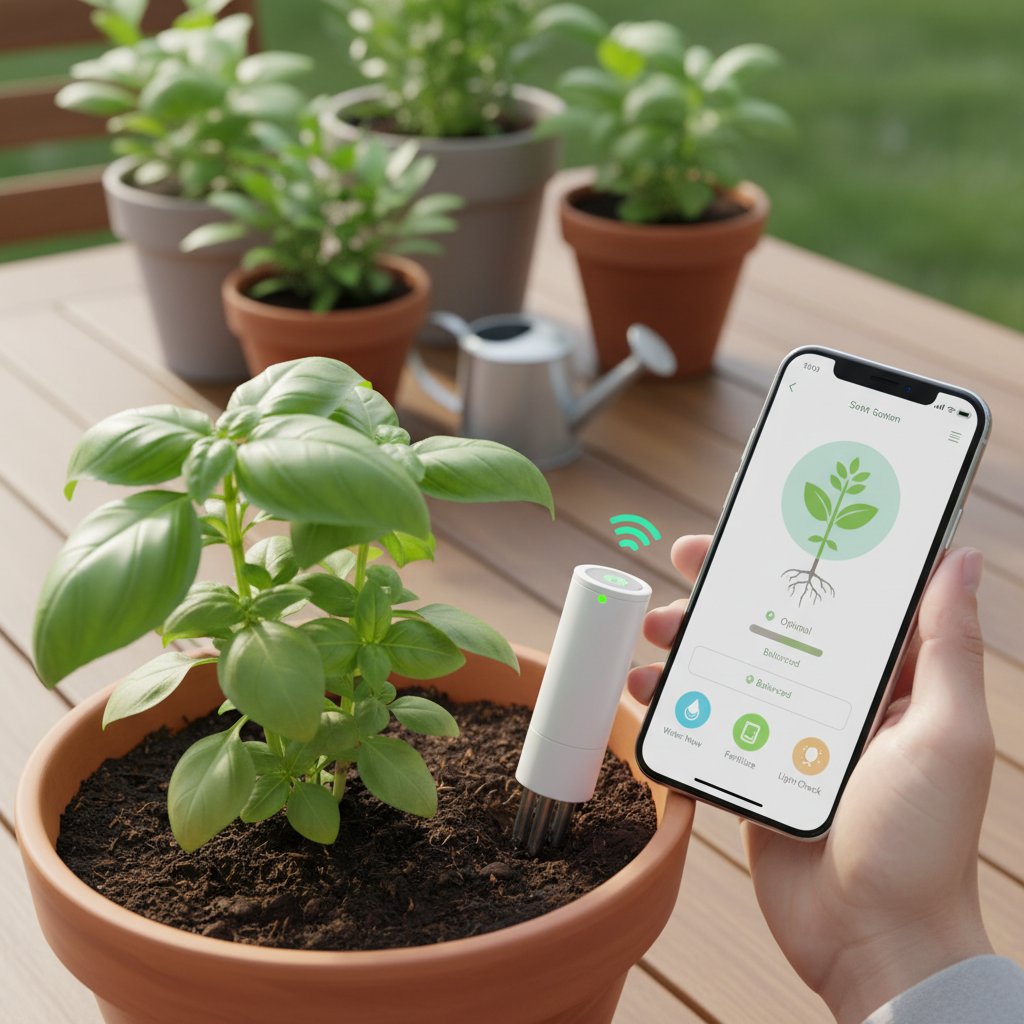 Zbliżenie na sensor gleby i aplikację mobilną w inteligentnym ogrodzie, system inteligentnego nawożenia