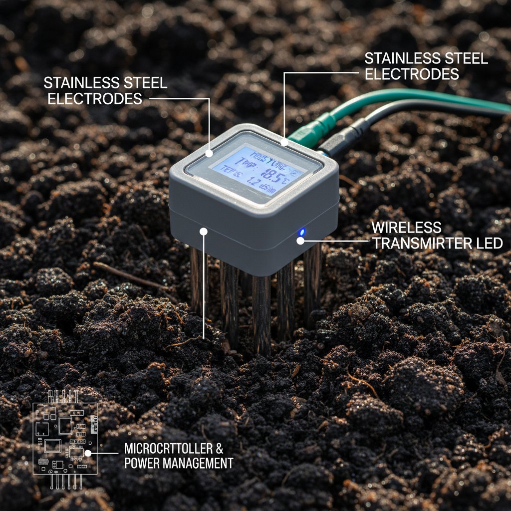 Czujnik wilgotności gleby w ciemnej, mokrej ziemi, widoczne szczegóły techniczne