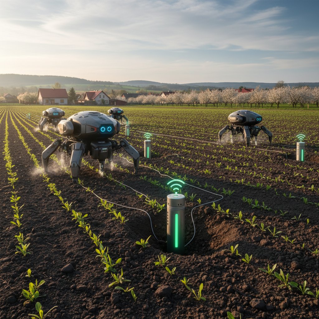 Zbliżenie na nowoczesny czujnik gleby pracujący na polskim polu, w tle linia siewników sterowanych AI