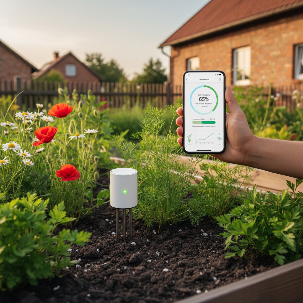 Nowoczesny czujnik gleby i smartfon z aplikacją ogrodniczą w polskim ogrodzie