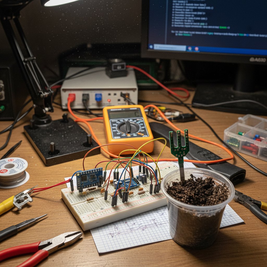 Hobbysta lutujący własny czujnik temperatury gleby na stole warsztatowym – DIY kontra gotowe systemy