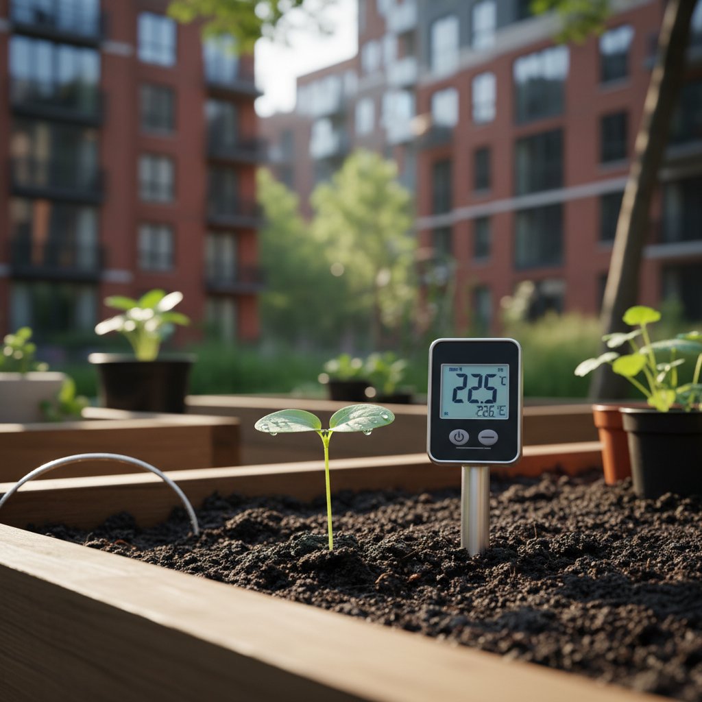 Zaawansowany czujnik temperatury gleby zakopany w ziemi ogrodowej, wyrastający obok młodej siewki – nowoczesny ogród w Polsce