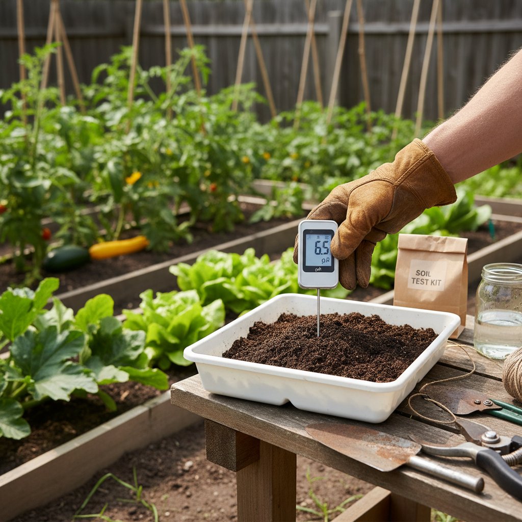 Test gleby ogrodowej, badanie pH i struktury ziemi, narzędzia ogrodnicze