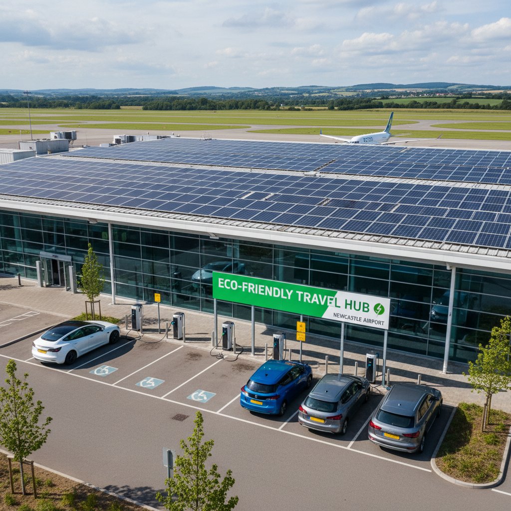 Solar panels and electric vehicle charging at Newcastle Airport, eco-friendly travel scene