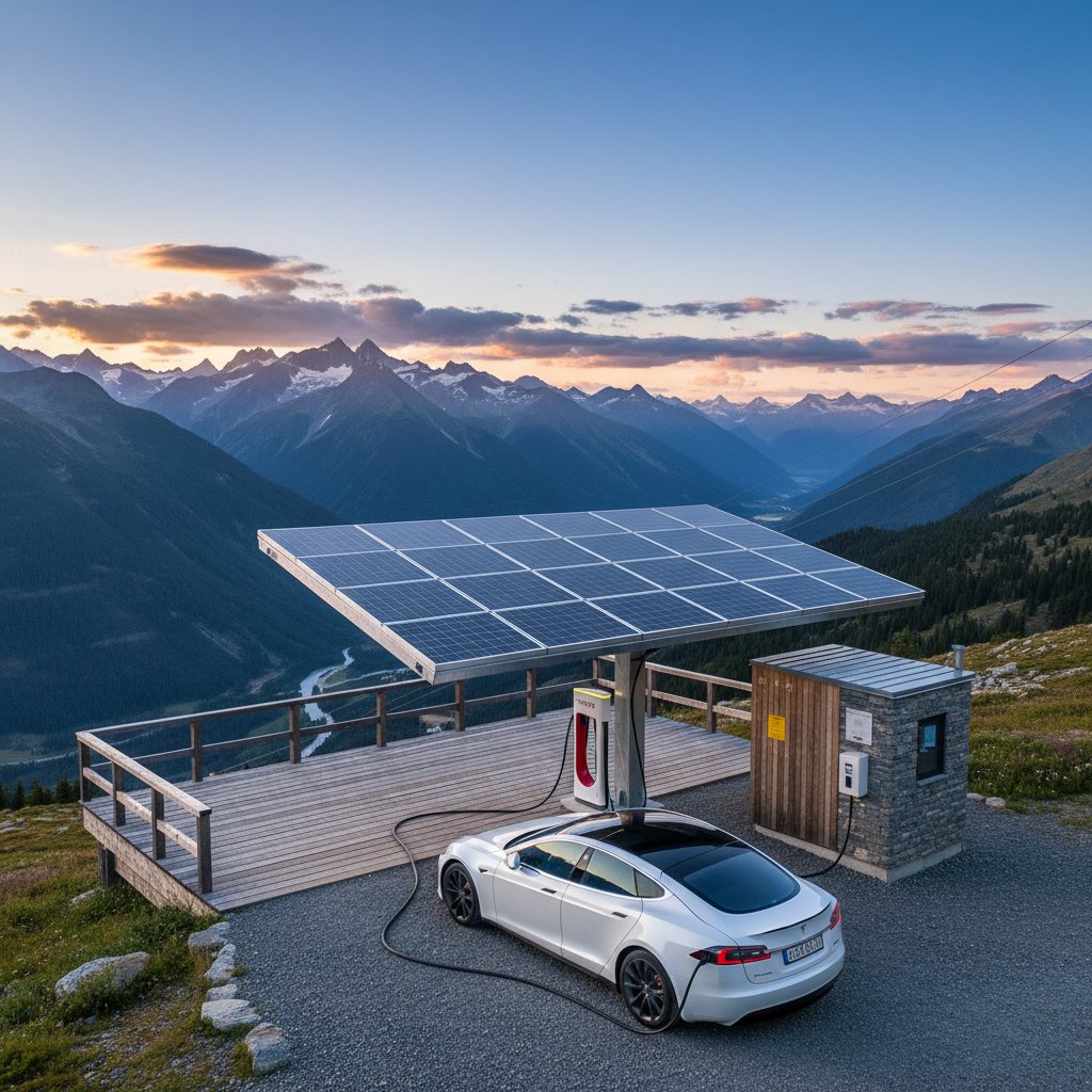 Solar EV charger on a remote mountain overlook, symbolizing the future of off-grid vehicle power