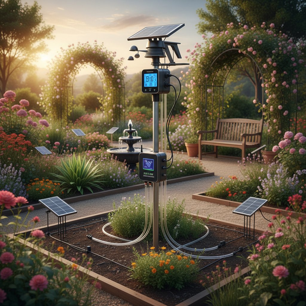 Nowoczesny ogród z panelami słonecznymi i stacją pogodową