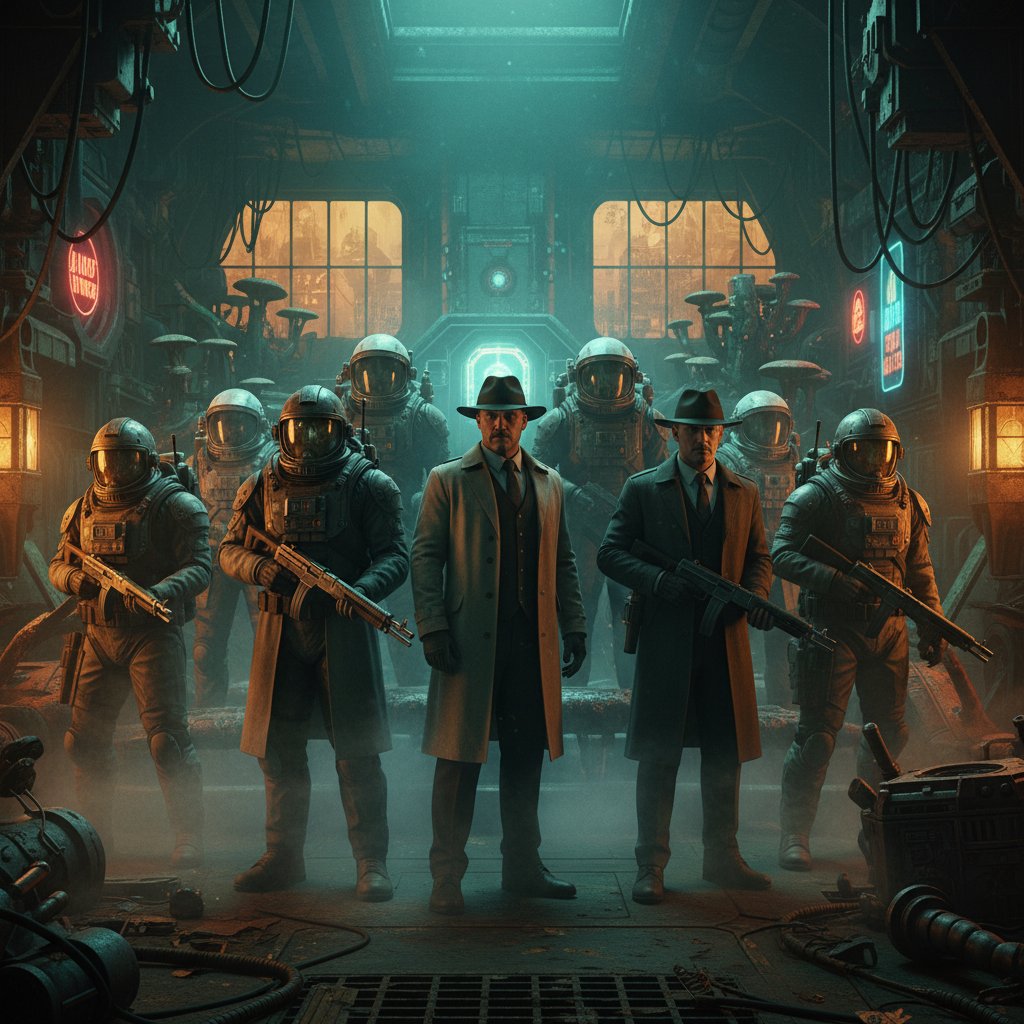 Split-scene of soldiers, gangsters, and astronauts, all color-graded in Ridley Scott’s visual style