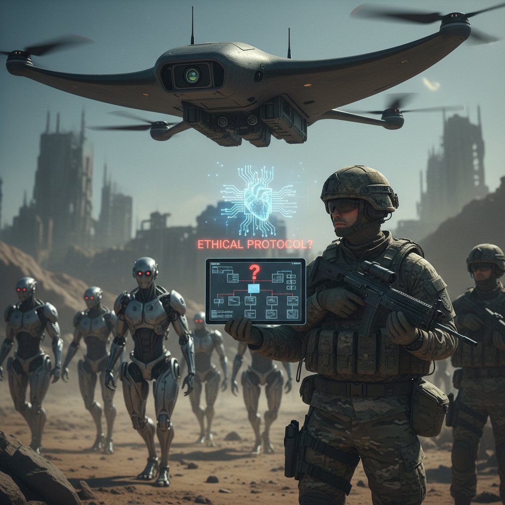 Zdjęcie żołnierzy i drona wojskowego, AI w armii, symboliczne wyzwanie etyczne