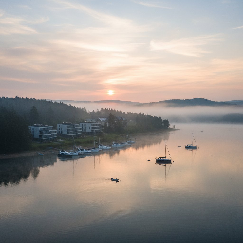 Poranna mgła nad Jeziorem Solińskim, nowoczesne hotele w tle, łodzie na wodzie