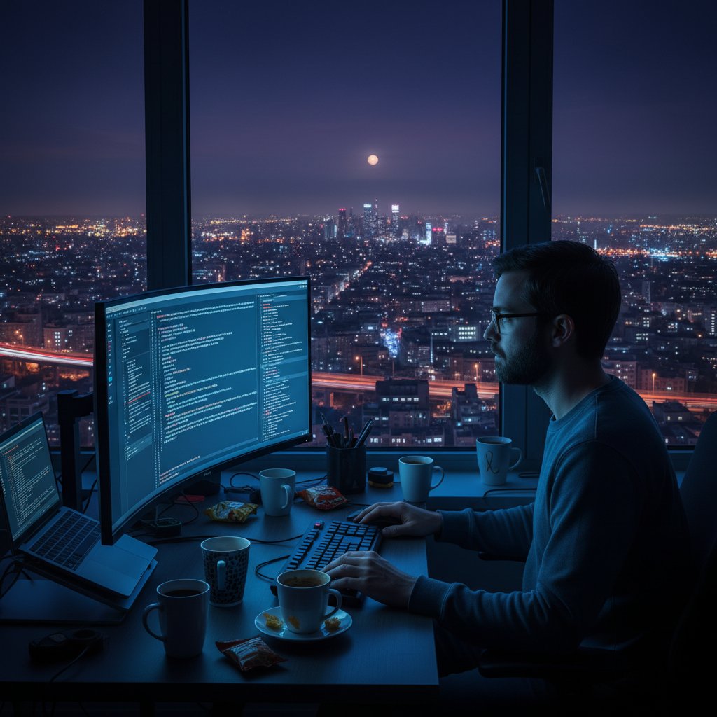 Samotny twórca gier pracujący nocą przy komputerze, kubki po kawie, nocny krajobraz miasta za oknem
