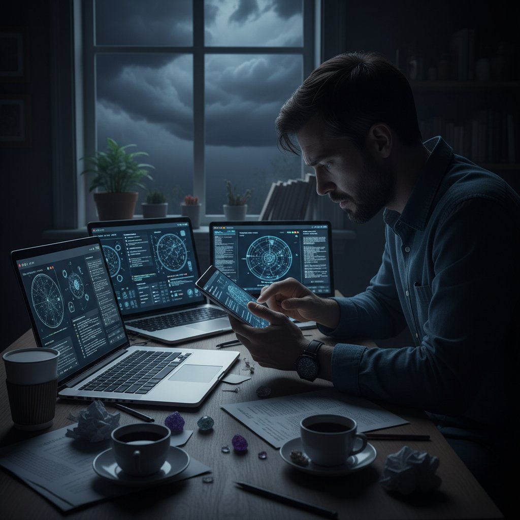 Samotna osoba obsesyjnie sprawdzająca horoskop na kilku urządzeniach, ciemny klimat, niepokój, uzależnienie od astrologii