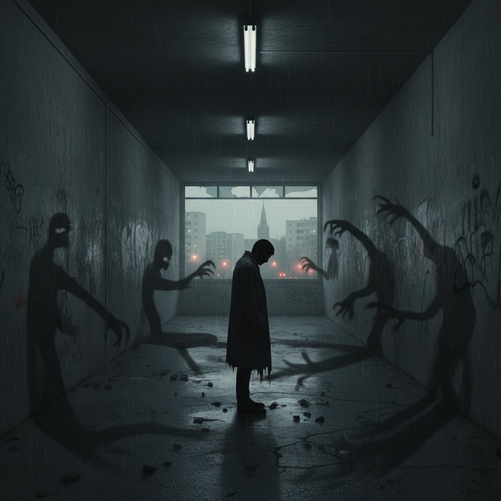 Osoba stojąca samotnie w ciemnym korytarzu, symbolizująca lęk i fobię